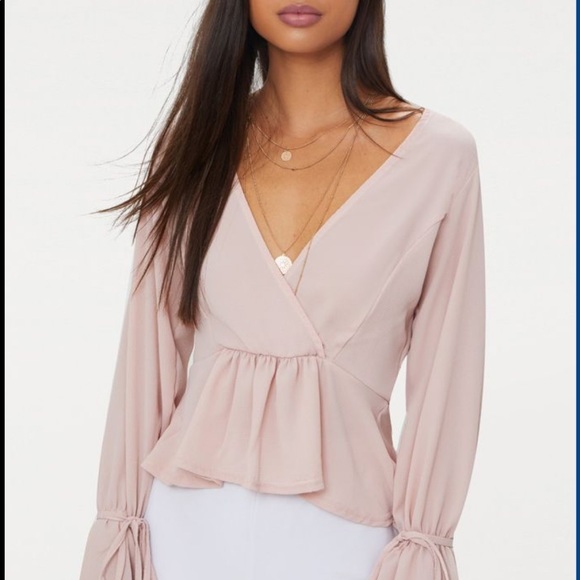PrettyLittleThing Tops - Long Sleeve Nude V-Neck Blouse